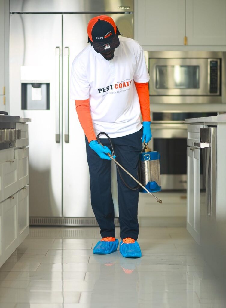 pest control tech spraying down a residential kitchen in Dallas Texas